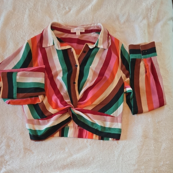 Timing Tops - Timing XL DARK 🌈 Striped Blouse Button Up Full Sleeves KNOTTED BOHO RETRO VIBE